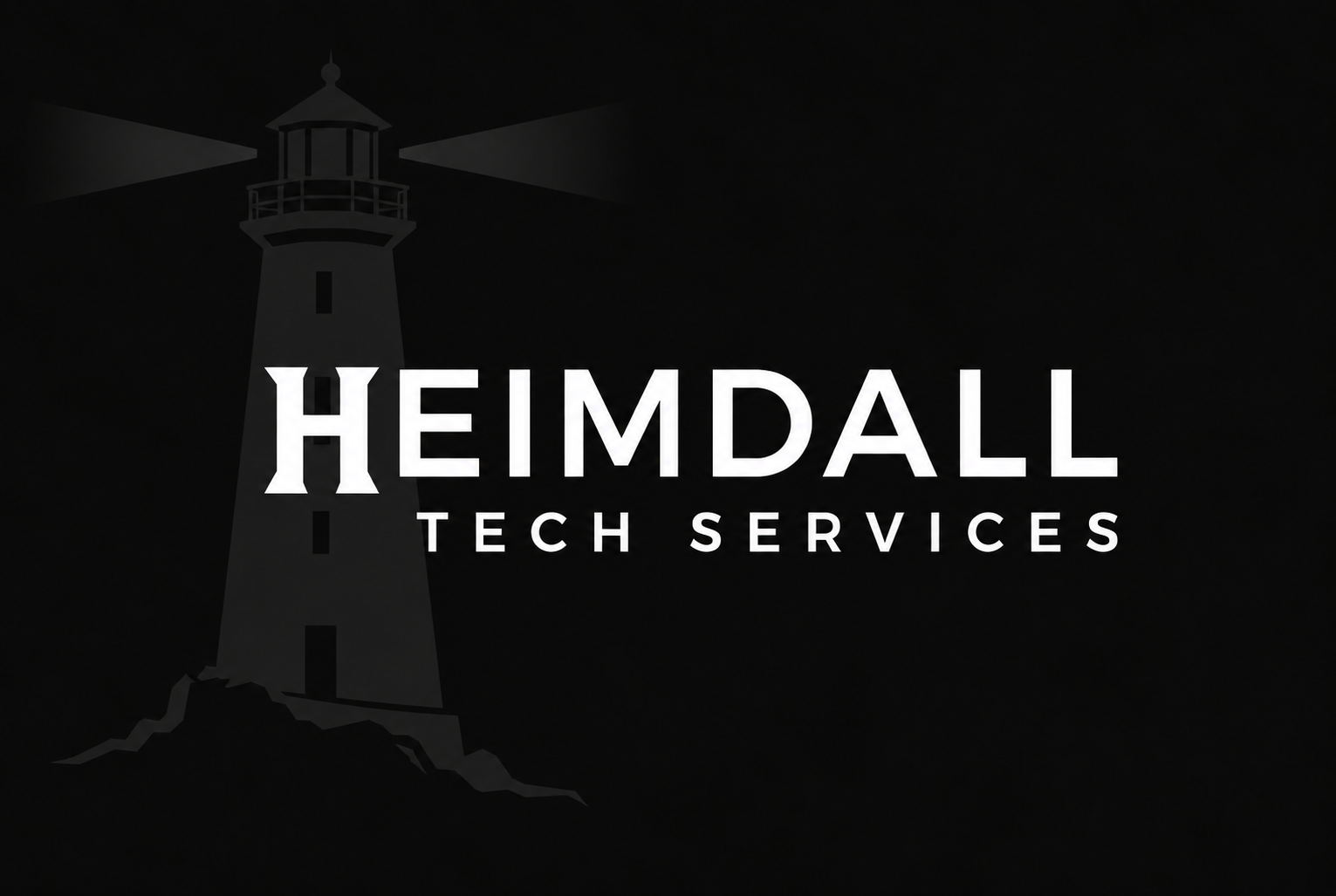 Heimdall Tech Services: white wordmark with an angular H and a subtle lighthouse behind it